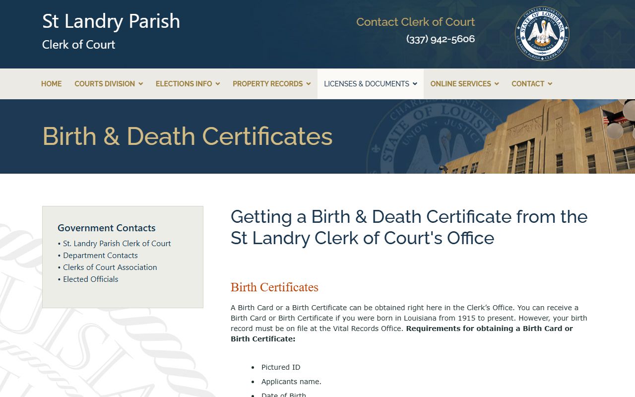 St. Landry Parish Clerk of Court birth and death certificate services