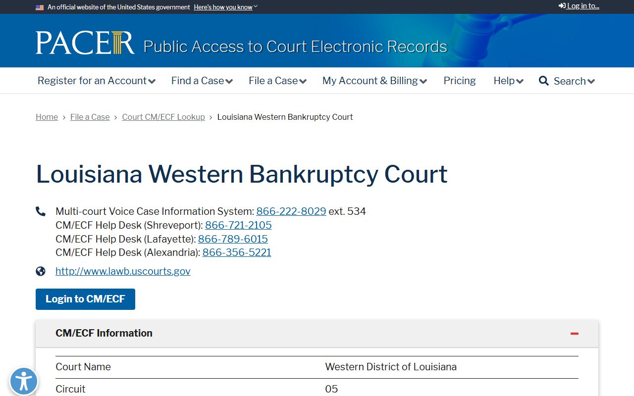 St. Landry Parish court dockets PACER LAWBK lookup screenshot