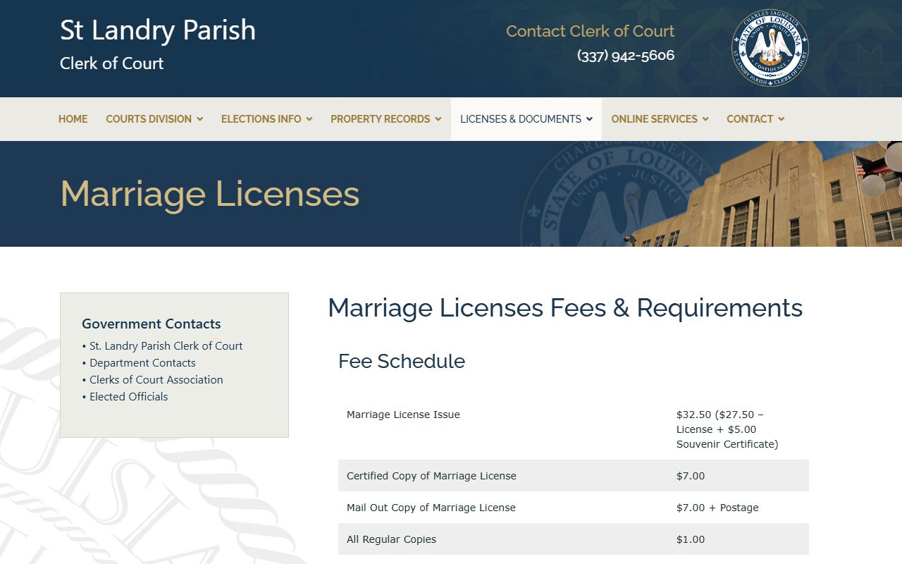 St. Landry Parish marriage records license requirements