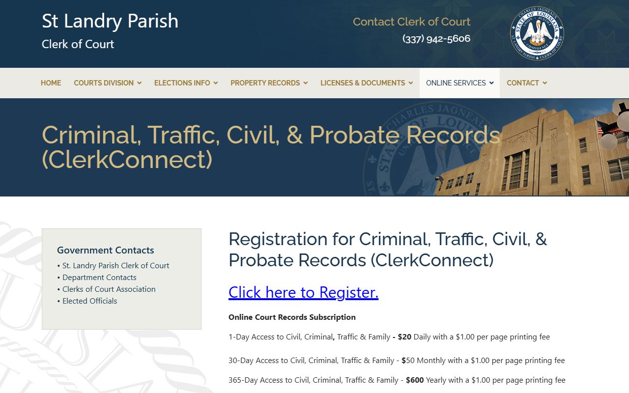 St. Landry Parish probate records ClerkConnect court-record subscription