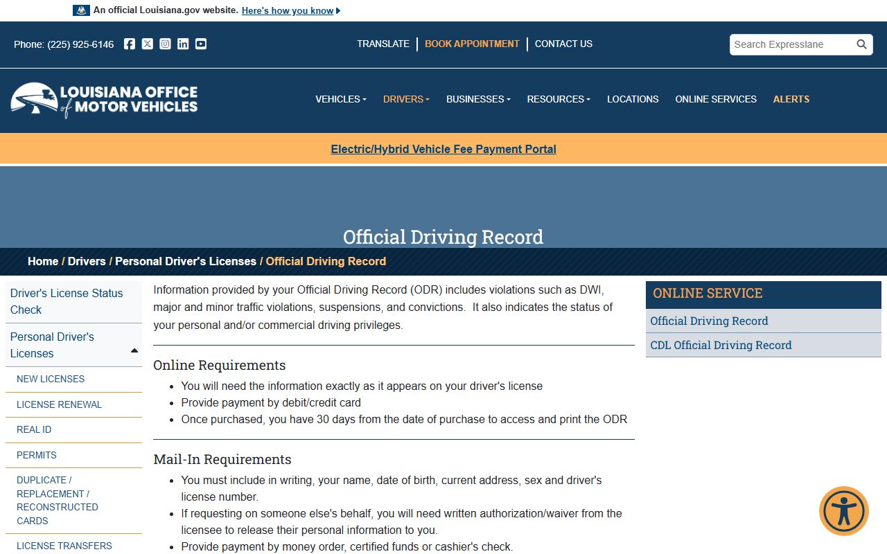 St. Landry Parish traffic court records Louisiana OMV official driving record page